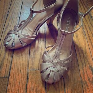 Chelsea Crew Rose Gold T-Strap Heels